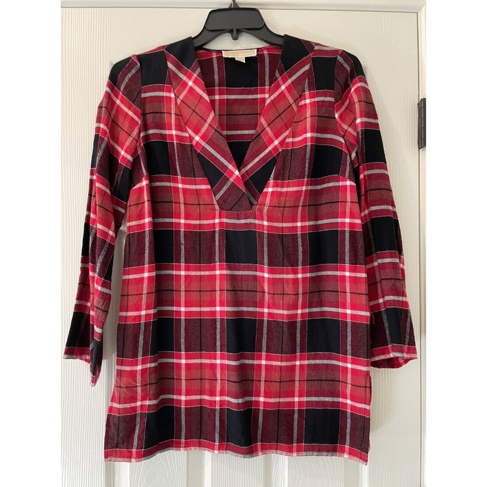 Michael Kors Red Plaid V Neck Tunic Top Size Small